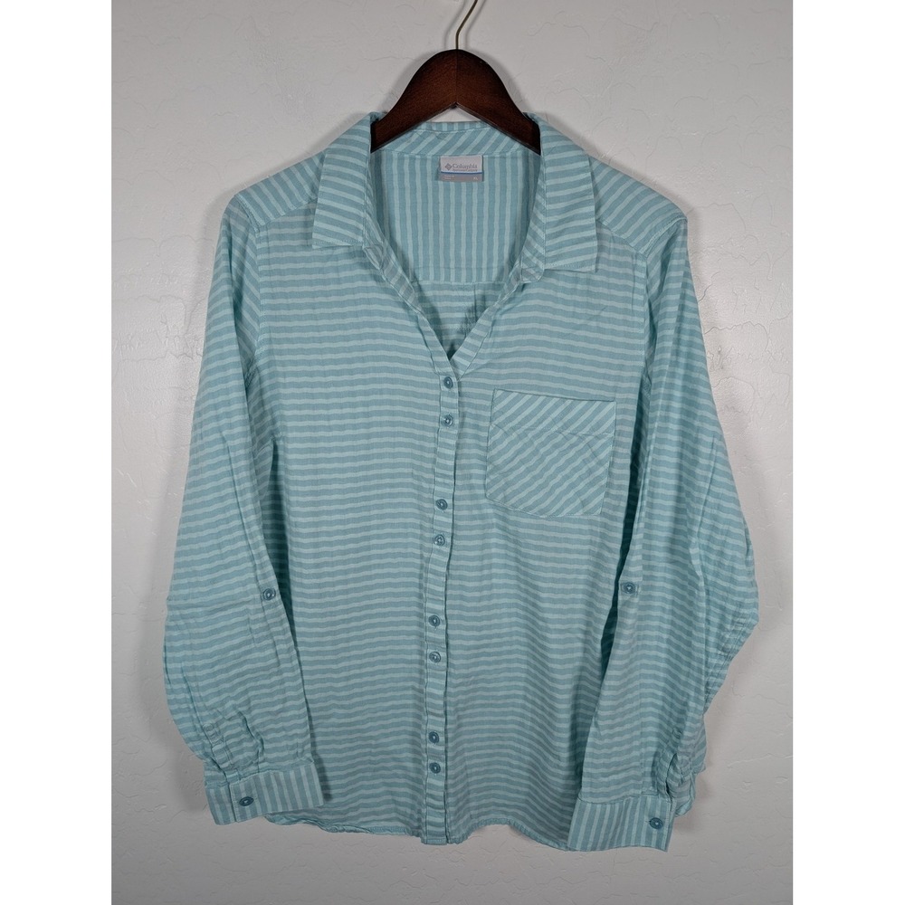 Columbia Shirt Womens‎ XL Blue White Striped Button Up Long Sleeve Cotton Pocket